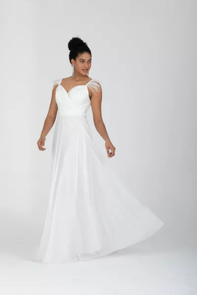 Дамска вечерна рокля, каишка с въже, плисирана дълга разкроена блестяща вечерна рокля / бяла