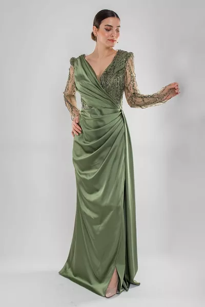  Paillettes Tulle Manica Doppiopetto Scollo Drappeggiato Abito lungo in raso