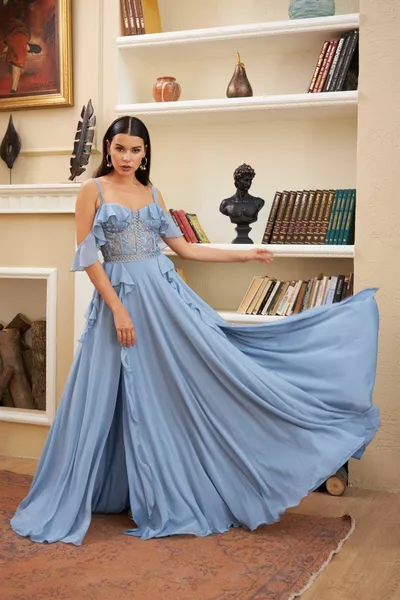 نيلي انتفخ الدانتيل شق مساء اللباس