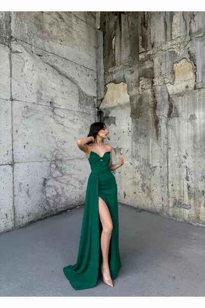 Fulya Strapless Slit Evening Dress ZÜMRÜT