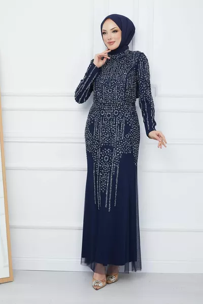 Abito da sera hijab in tulle decorato con perline e pietre BLU NAVY 