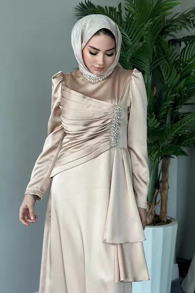Chest Stylish Detailed Satin Evening Dress Beige