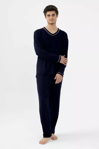 Herren Baumwollschlafanzug-Set mit langen Ärmeln, Zwischeneinfassung und Taschen