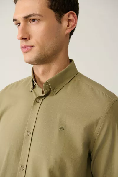 Erkek Haki Düğmeli Yaka % Pamuk Keten Dokulu Gömlek 