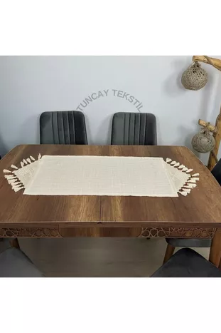 El Dantelli Püsküllü Runner Ranır Örtü Buldan Işi Monika Keten Sehpa Masa Üstü Örtüsü Şömen 