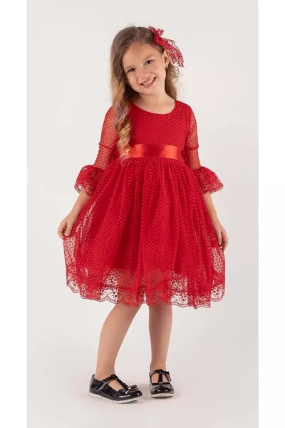 Colorful French Lace Dress with Buckle for Girls Red