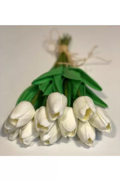 Изкуствени лалета с мокра текстура, комплект от 8, цвят счупено бяло