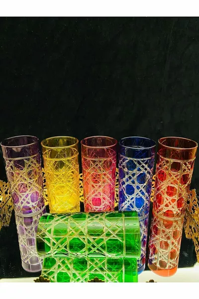 HANDGEFERTIGTES, BUNTES 6-TEILIGES KAHNGLASS MIT KRISTALLGESCHLIFFENEM MUSTER - NİHAVENT SERIE