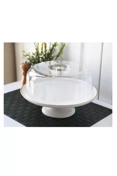  White Gold Footed Ceramic Cake Dome