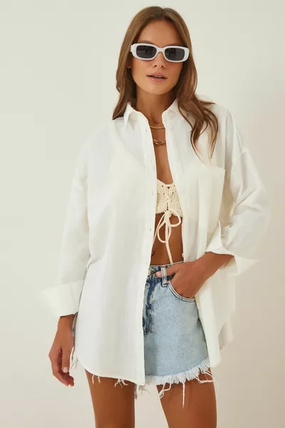 المرأة Ecru قميص طويل الكتان 