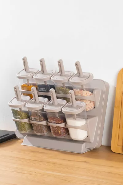 Set d'épices rotatif avec couvercles, étiquettes 8 pièces, à suspendre, autocollant, pour plan de travail