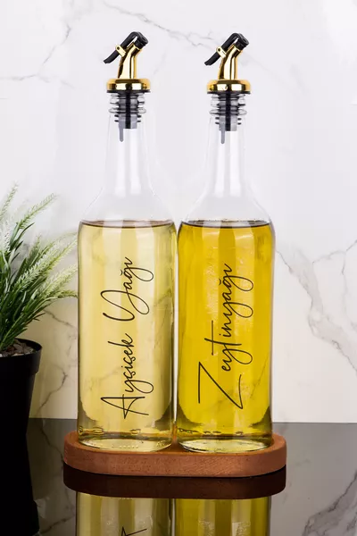 Set of 2,  ml Sunflower Oil and Olive Oil Bottles with Wooden Stand, Glass Oil Dispenser with Gold Cap