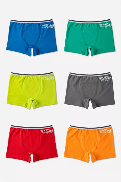 بوكسر قطني سادة مريح ومطاطي للأطفال الذكور، عبوة من 6 قطع، موديل  ملون
