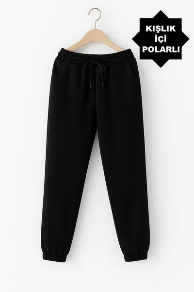 Pantalon de jogging pour femme en molleton noir d'hiver, tissu compact, intérieur polaire brossé, à 3 fils