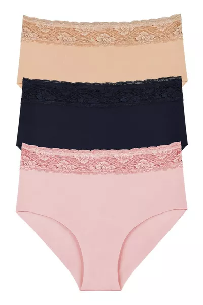 طقم 3 قطع من السراويل الداخلية النسائية عالية الخصر بتصميم الليزر والدانتيل - 
