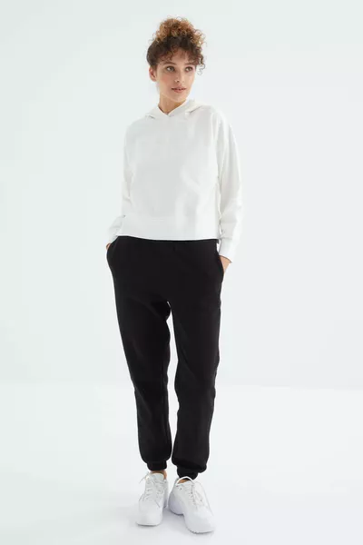 Pantalon de survêtement pour femme basique en coton à trois fils, noir, taille haute, molletonné - 