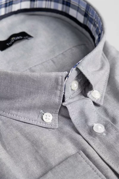 Men's Big Size Long Sleeve Cotton Oxford Texture Single Pocket Gray Button-Down Collar Shirt