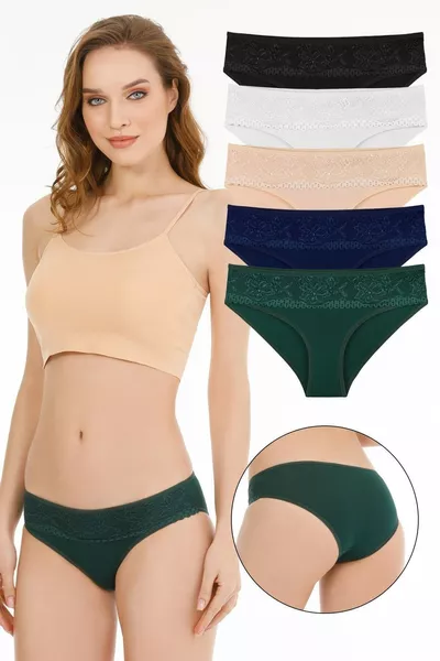 Дамски памучни дантелени бикини в смесени цветове, комплект от 5 броя 