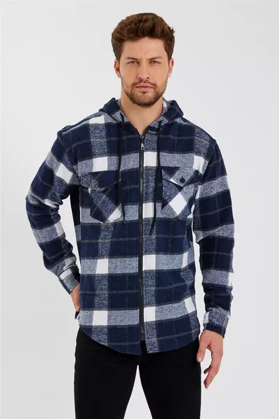 Men's Blue Plaid Double Pocket Hooded Flannel Shirt - s