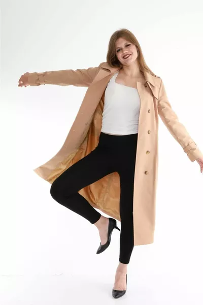 Düğme Kapamalı Camel Trençkot