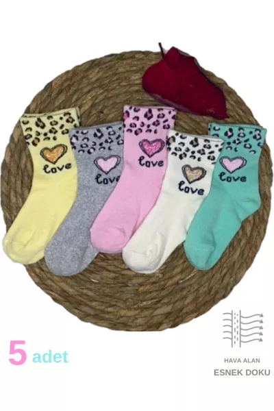 5 Paires de Chaussettes Bébé & Enfant à Motif Cœur & Léopard - Série Spéciale Chaussettes pour Filles