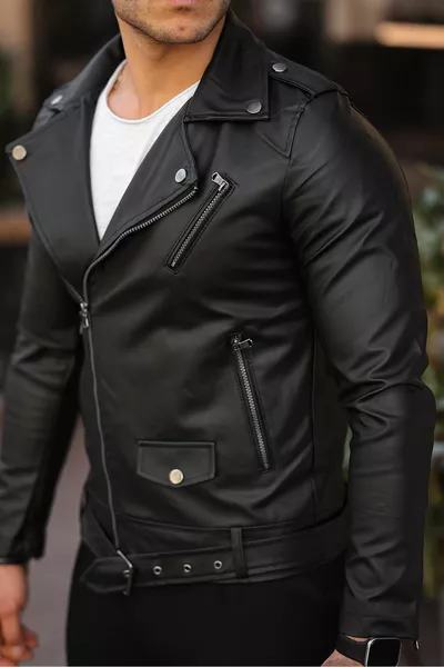 جاكيت جلد رجالي بقصّة ضيقة وحزام وسحّاب مائل