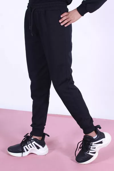 Girls' Black Sweatpants with Straight Double Pockets