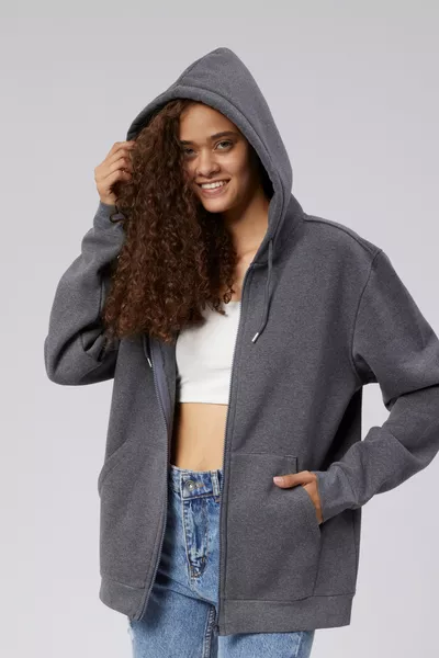 سويت شيرت نسائي بأكمام طويلة من Mooncover بغطاء للرأس وجيب كنغر وسحاب – رمادي غامق