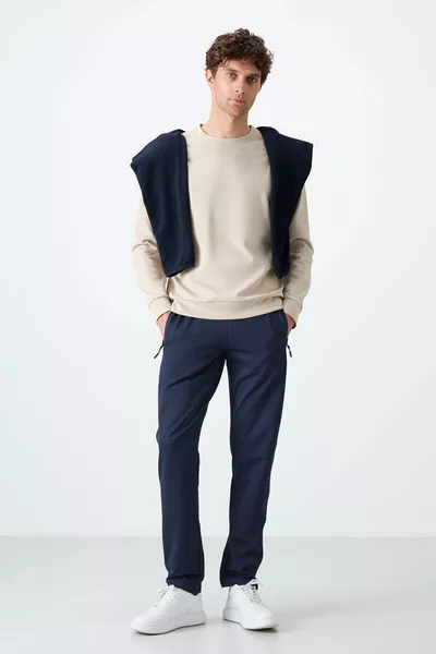 بنطال رياضي رجالي بقصة ضيقة وجيوب ثلاثة وسحاب باللون النيلي - 