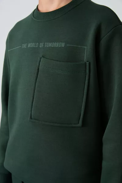 بدلة رياضية للأطفال الصبيان من القطن السميك مبطنة بالفرو بلون أخضر الصنوبر، قياس عادي ومطبوع - 