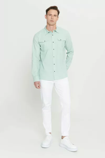 Мъжка риза Slim Fit в цвят тюркоаз с класическа яка от памук