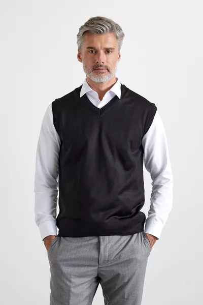 سترة رجالية بدون أكمام بياقة V، مقاس عادي، تصميم قياسي، كنزة صوفية