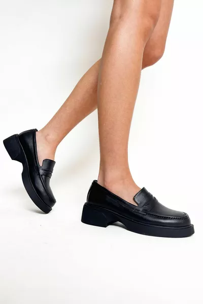 Schwarze Damen Echtleder Dicke Sohle Casual Loafer Schuhe