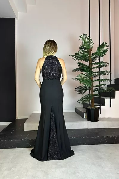  Вырез на шее с пайетками Макси Вечернее платье черного цвета