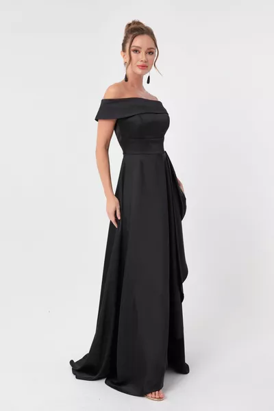 Women's Black Boat Neck Satin Evening Dress & Graduation Dress