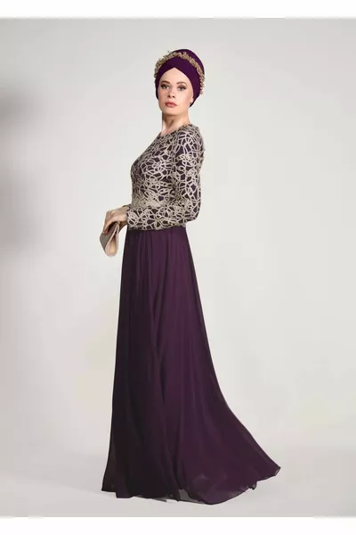 نسائي بنفسجي (BEGONVIL-GOLD) Guipure فستان سهرة 