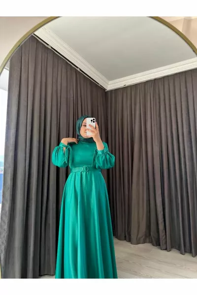 Satin Belt Detailed Green Evening Dress