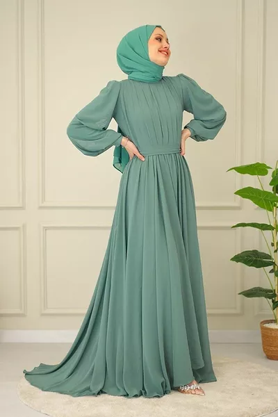 Pleated Tail Long Evening Dress - Water Green
