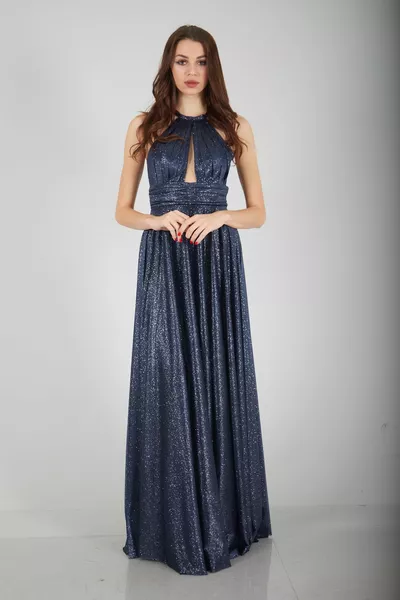 Abito da sera scollato con glitter blu navy 