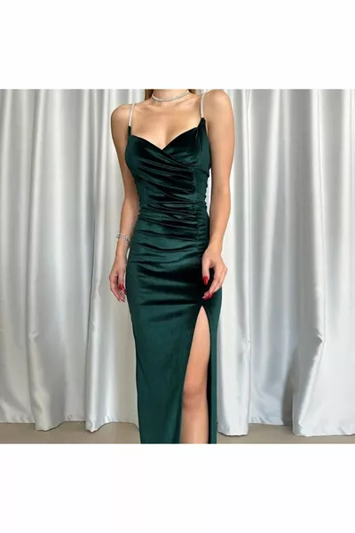 فستان مخملي مع أحزمة حجرية ، شق ، بطيات فتحة رقبة على شكل قلب ، فستان ، معطف vilyur