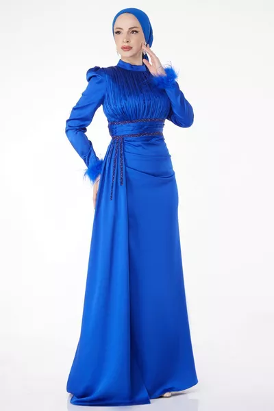 مستقيم القاضي الرقبة المرأة الأزرق الأكمام الريش خط العنق مطوي مساء اللباس - 