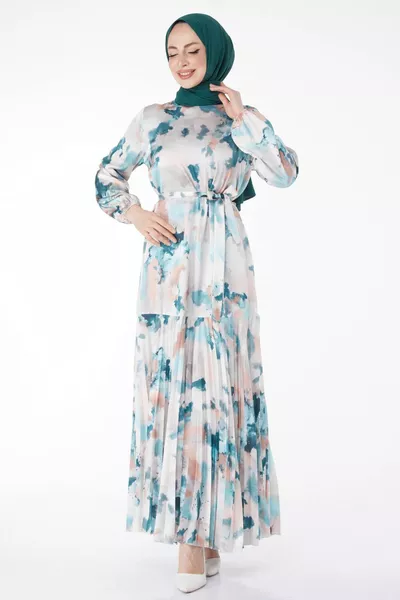 Rechte groene rok met ronde hals voor dames geplooide avondjurk met gedetailleerd patroon - 