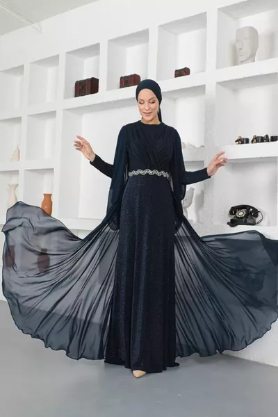 Famelin Maniche Chiffon Dettagliato Lucido Tessuto Pietra A Righe Lycra Hijab Abito Da Sera