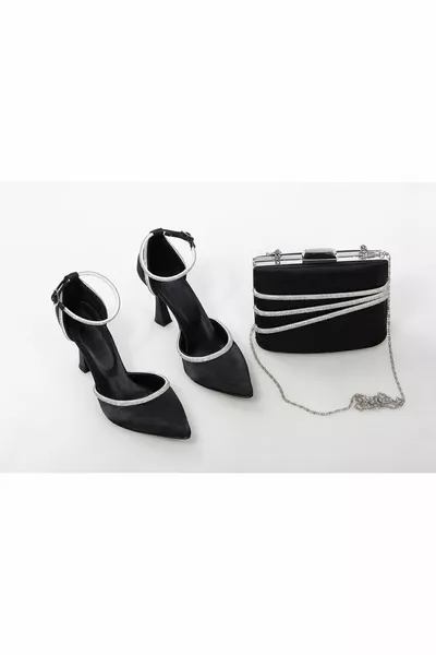 Women's Stone 9 Cm Black Evening Dress Shoes And Bag Combination (Take Your Own Size)