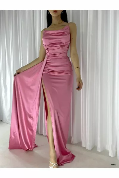 Women's Pink Strapless Degaje Collar Thin Strap Drape Detail Long Tail Slit Satin Evening Dress
