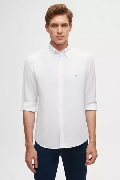 Slim Fit Weißes Oxford-Hemd aus leicht bügelbarer Baumwolle mit Knopfkragen und Stickerei