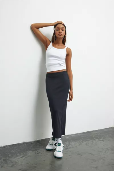 أنثراسايت ميلانج مطاط الخصر مضلع ميدي تنورة