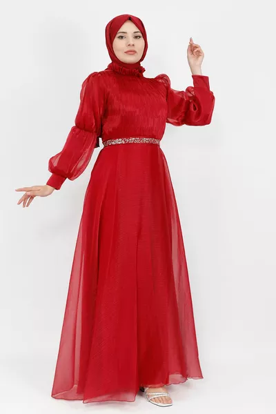 Dahlia Fabric Belt Stone Hijab Evening Dress