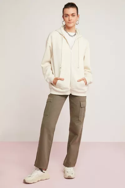 Oynx Women's Fleece Soft Hooded Zippered Oversize Vanilla Sweatshirt