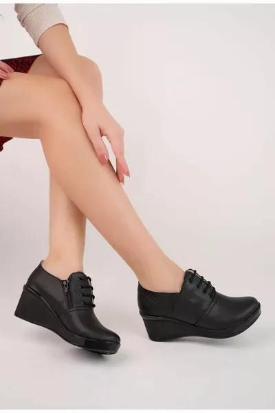 Orthopedic Padding Heel Low Lace Zipper Black Skin Women Shoes